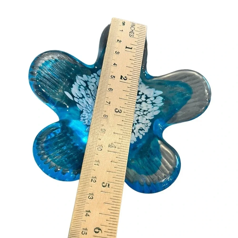 Crate and Barrel Aqua Blue Abstract Art Glass Flower Trinket Dish NEW